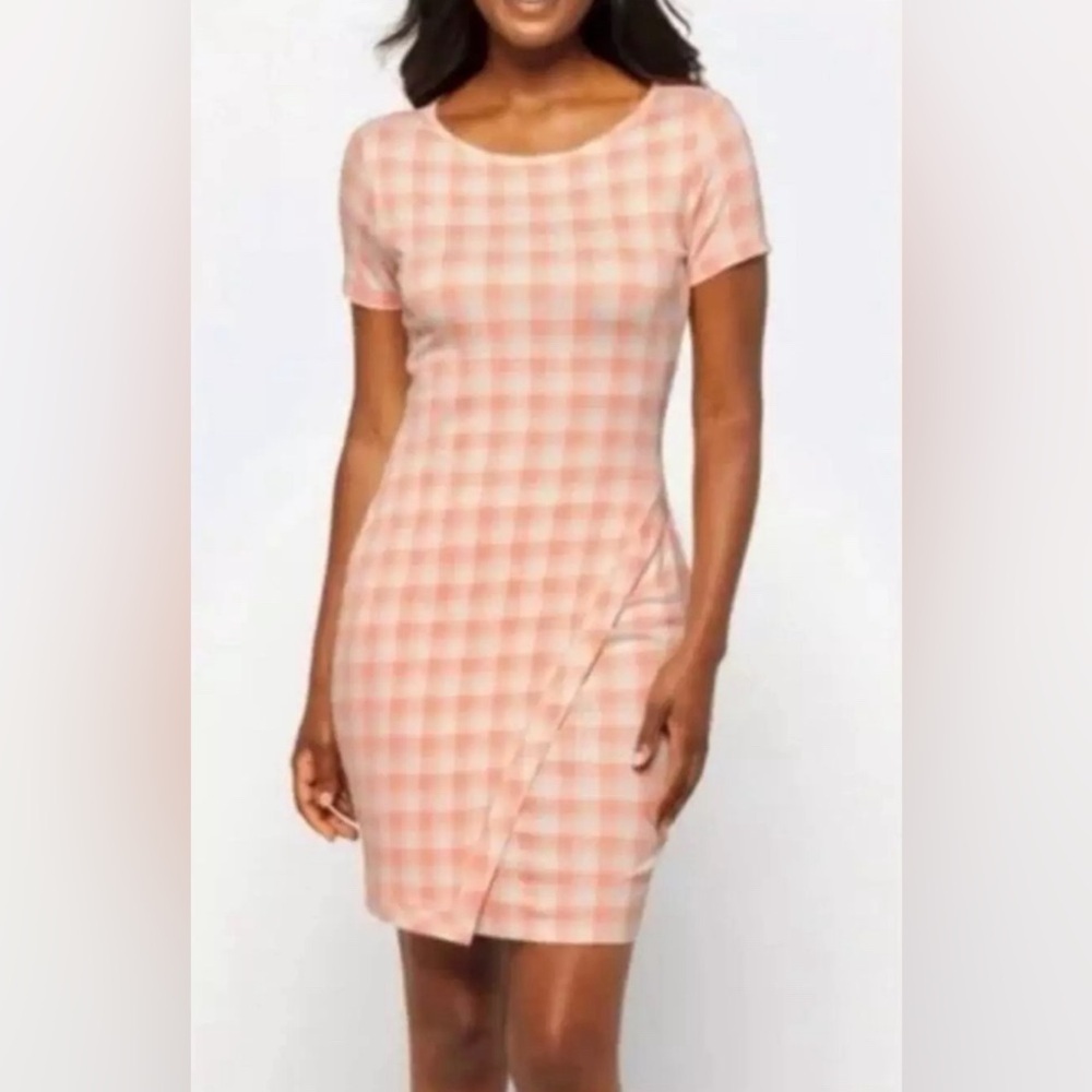 Stitch Fix 41 Hawthorn Brigitte Knit Bodycon Dress Peach Plaid Size Small NWT